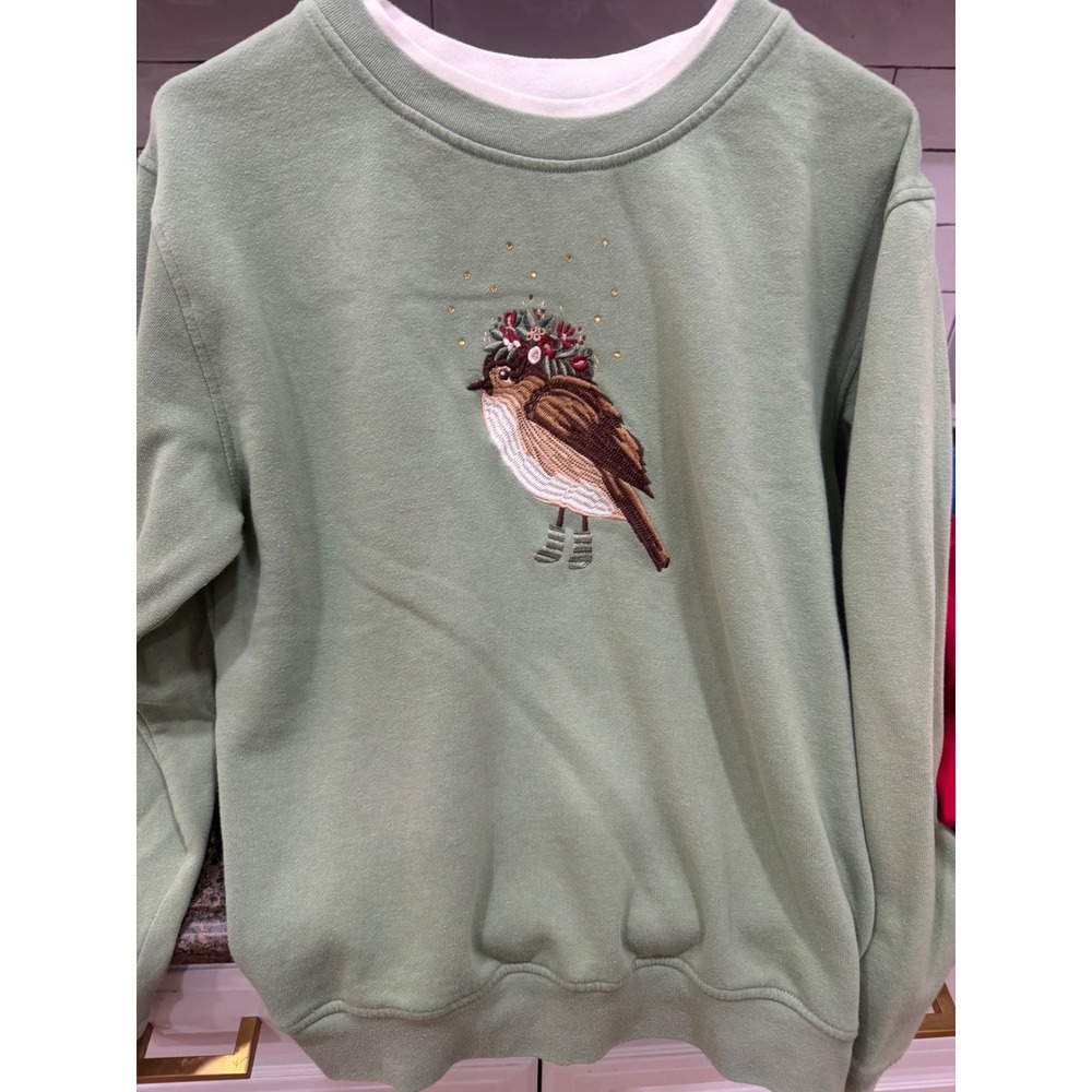 Bua Bua Women Sage Green Embroidered Bird Floral Crown Sweatshirt Size Large